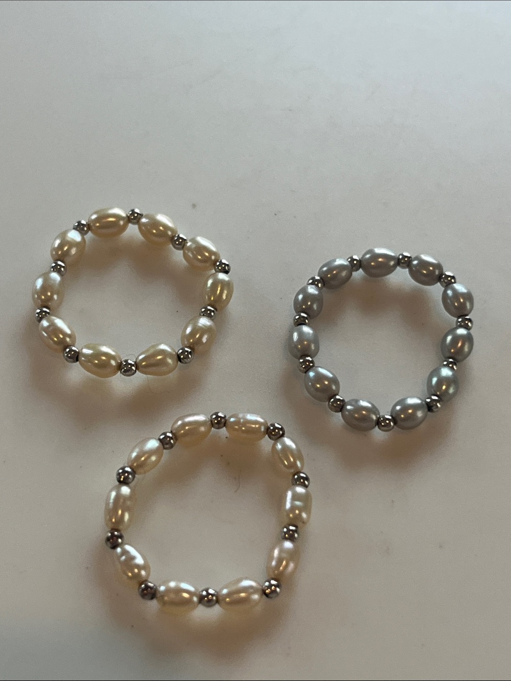 Pearl Cultured Stretch set of three Toe Rings Cream and Silver